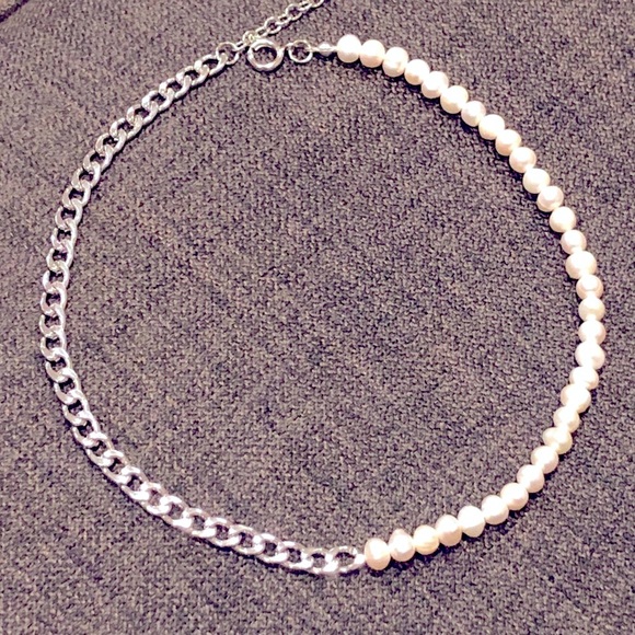 Gift 🎁 Half pearl half chain Contemporary Freshwater Pearl Cuban curb Necklace - Picture 7 of 8